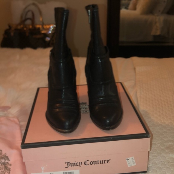 VTG Juicy Couture Mid Calf Leather Harness Boots GALLEY BLACK GLAZED GRAINY GOAT - Picture 12 of 13